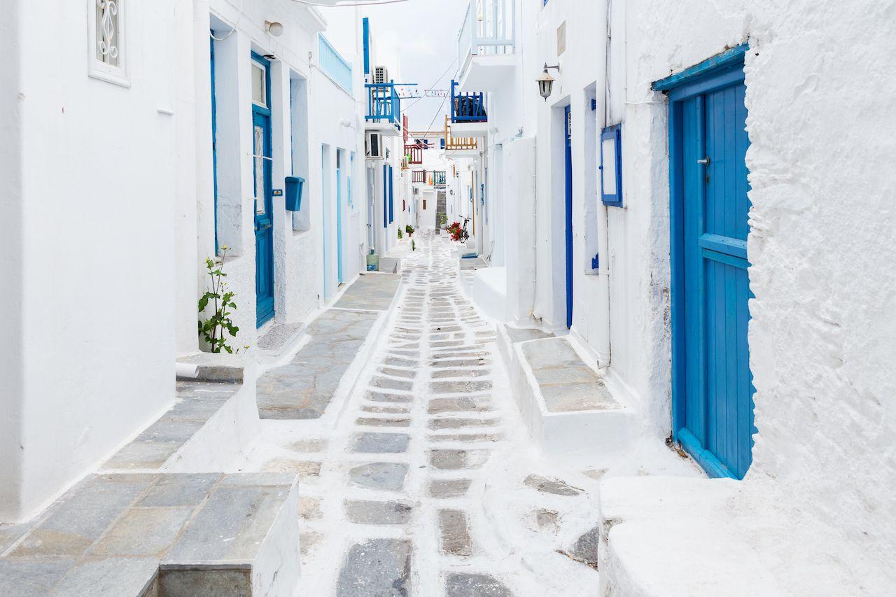 Vista di strada a Mykonos, Grecia