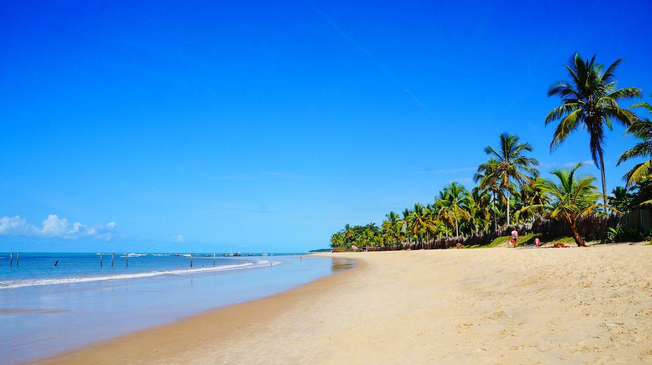 Bella spiaggia di Trancoso con palme, vicino al Porto Seguro nel stato della Bahia, Brasile
