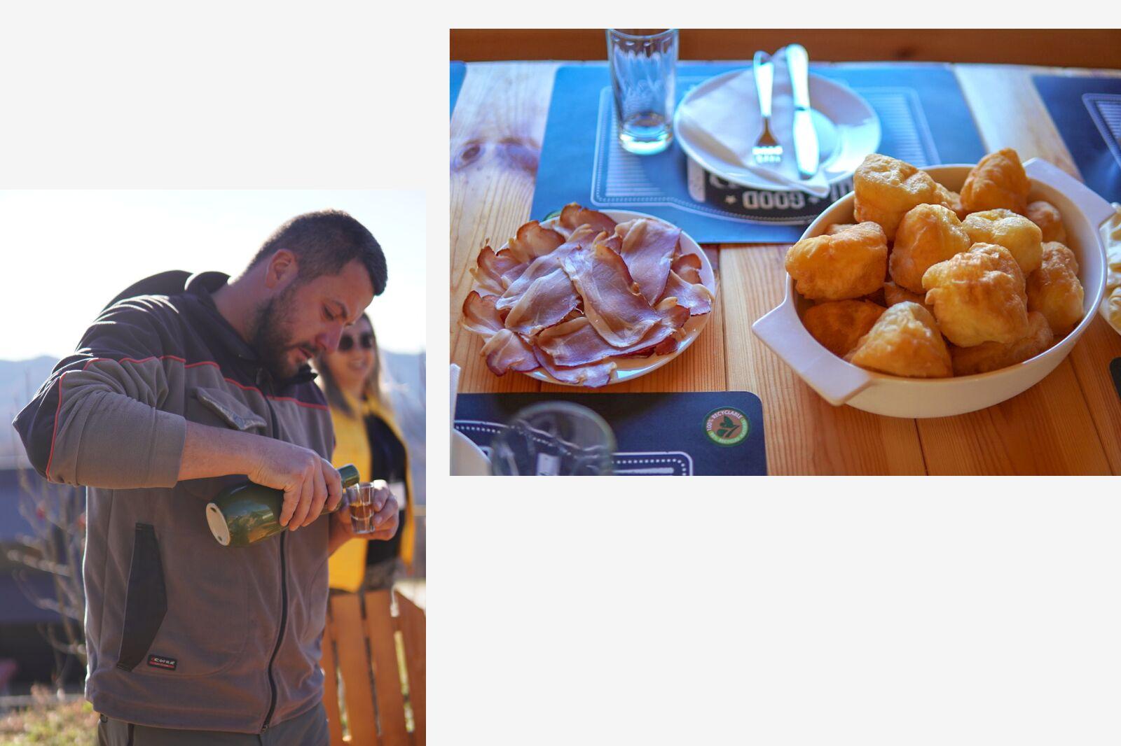 A sinistra, versando rakija; a destra, Prosciutto e priganice da Konoba Amanet.